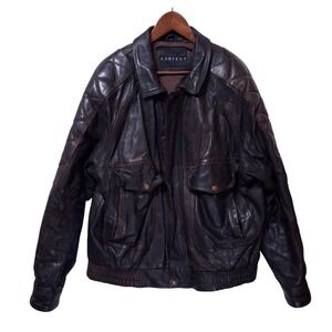 Vtg Context Genuine Leather Distressed‎ Bomber Jacket Men's XL Tall Brown Biker